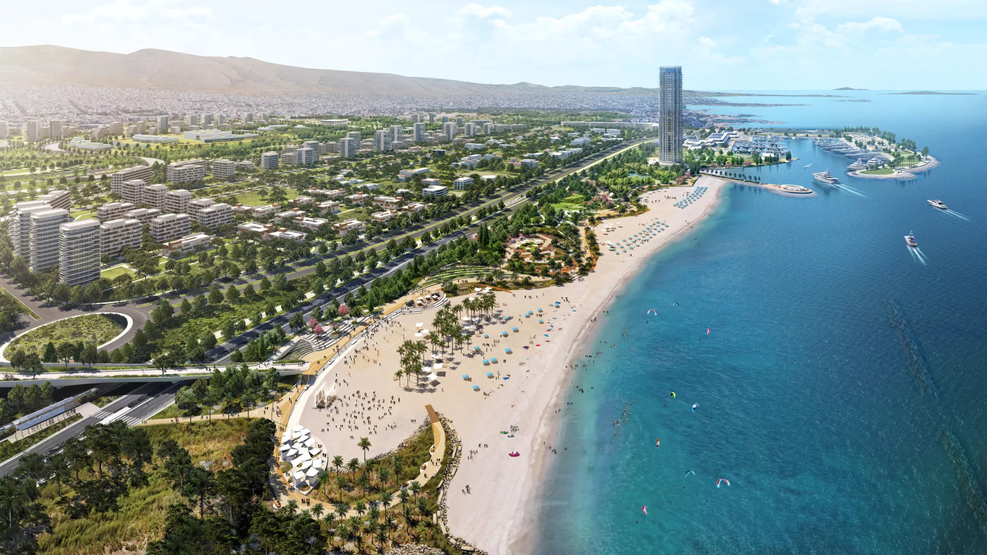 Organised beach, skyscraper and marina on the right. Inn the background, park and modern housing.