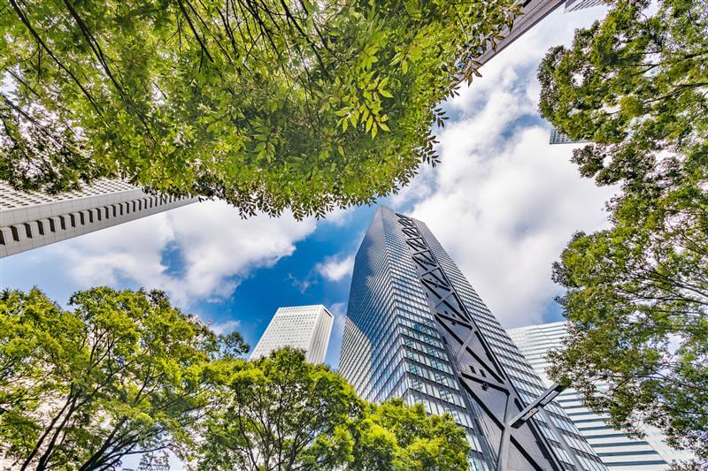 Glass skyscrapers rise into the sky among trees.