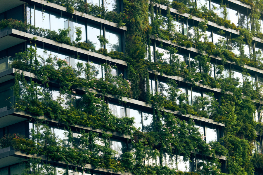 A complex of buildings with green rooftop gardens featuring trees and grass.